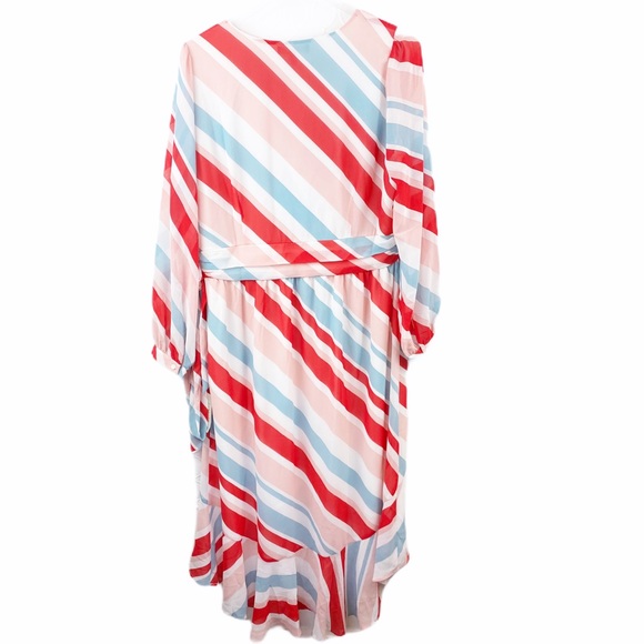 NWT Chelsea28 Wrap MIDI Dress Ruffle Striped Red Pink Faux Large - Picture 3 of 10